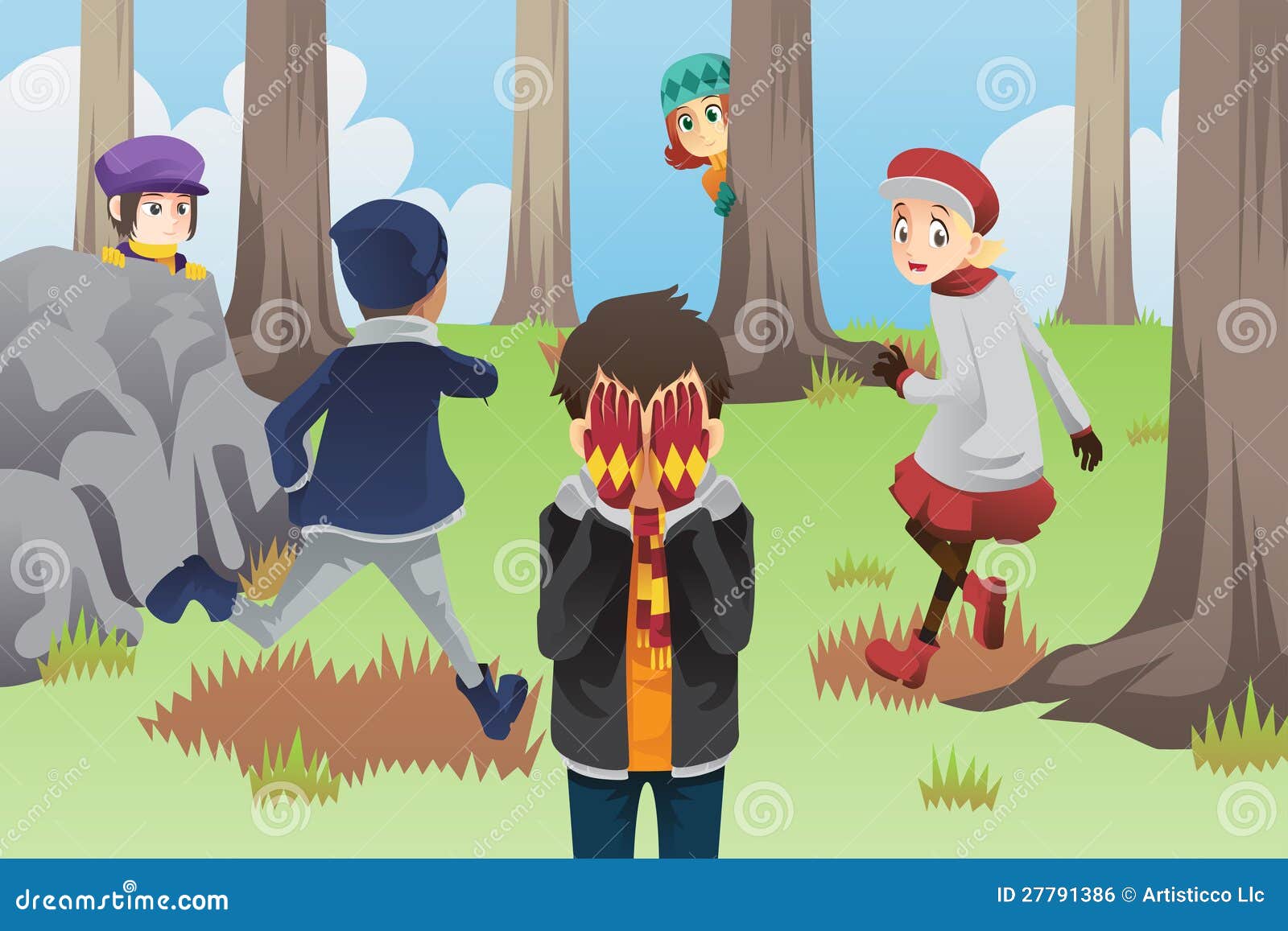 Kids Palying Blindfold Hide And Seek Stock Illustration - Download