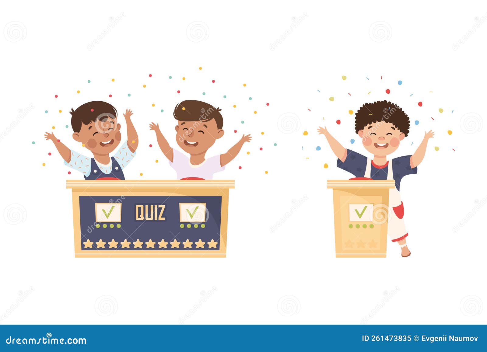 Kids Playing Quiz Game Answering Questions Standing At The Stand With  Buttons. Girl Pressed The Buzzer First And Raised Hand Up. Colorful Flat  Style Cartoon Vector Illustration. Royalty Free SVG, Cliparts, Vectors