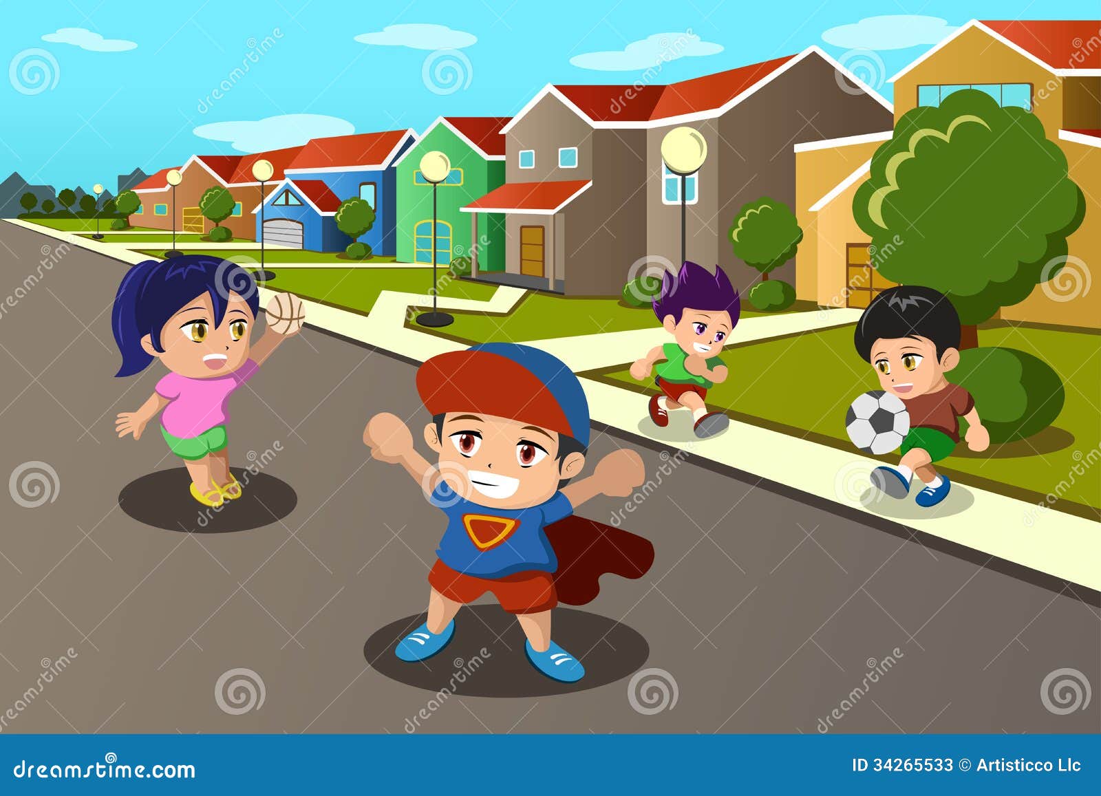 Kids Playing in the Street of a Suburban Neighborhood Stock Vector