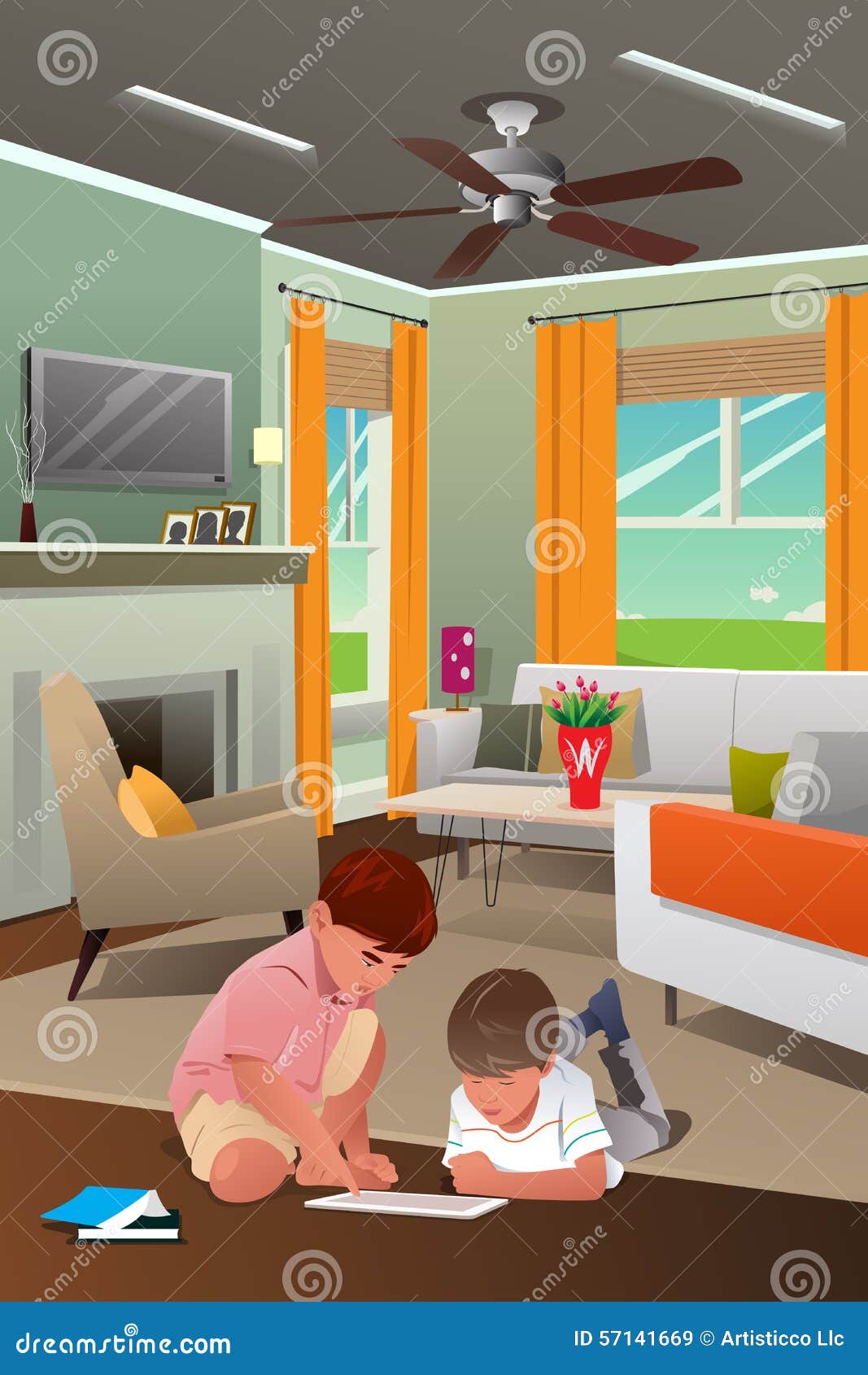 Kids Playing With Tablet PC In The Living Room Stock Vector