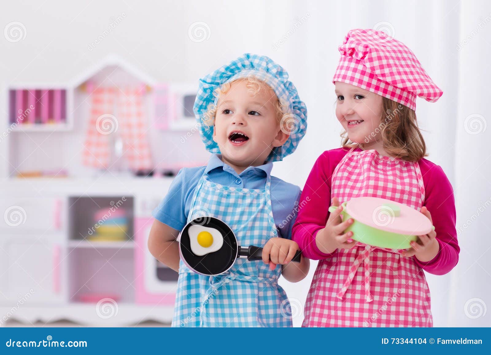 Kids Playing with Toy Kitchen Stock Photo - Image of preschooler, play: 73344104