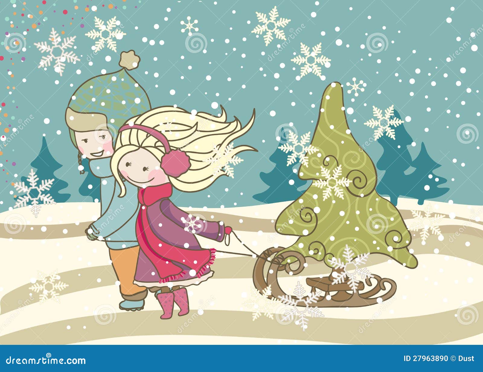 Kids Pulling Sled With Christmas Tree Stock Photo - Image 