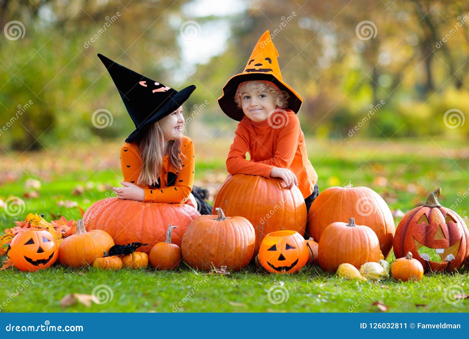 Kids with Pumpkins in Halloween Costumes Stock Image - Image of little ...