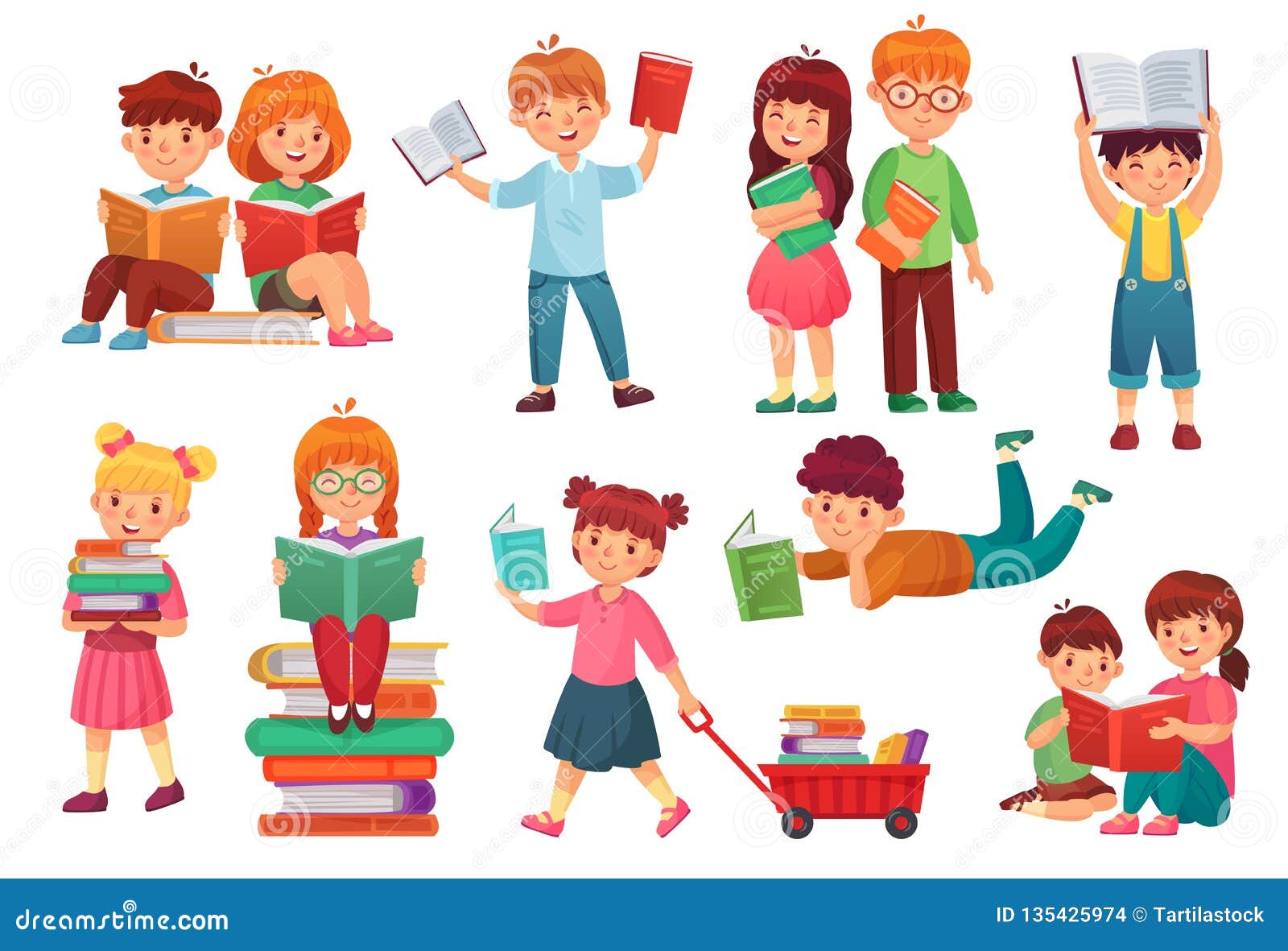 kids read book. happy kid reading books, girl and boy learning together and young students  cartoon 