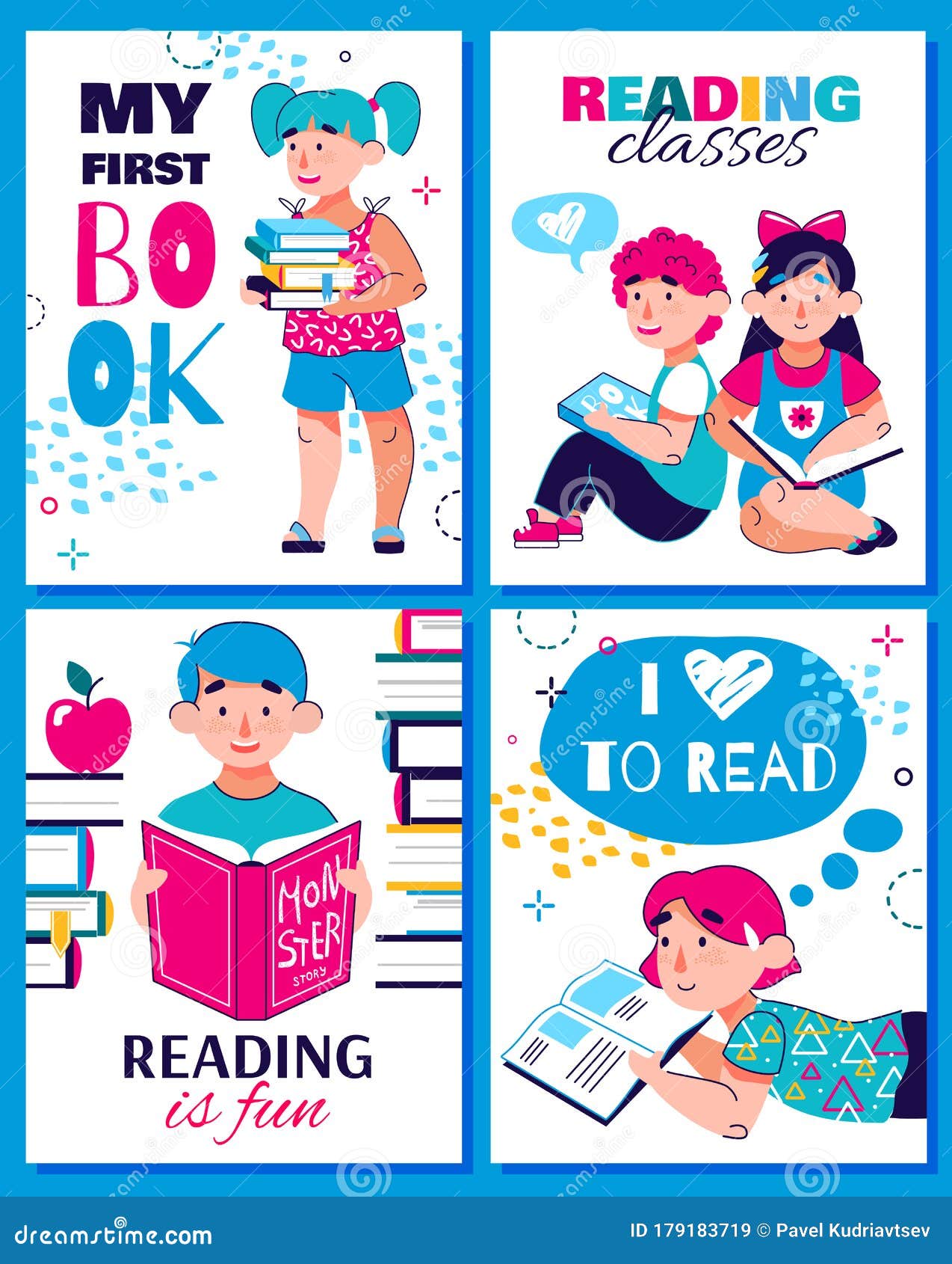 Kids Reading Books - Cartoon Poster Set. My First Book, Reading Classes,  Stock Vector - Illustration of kindergarten, girl: 179183719
