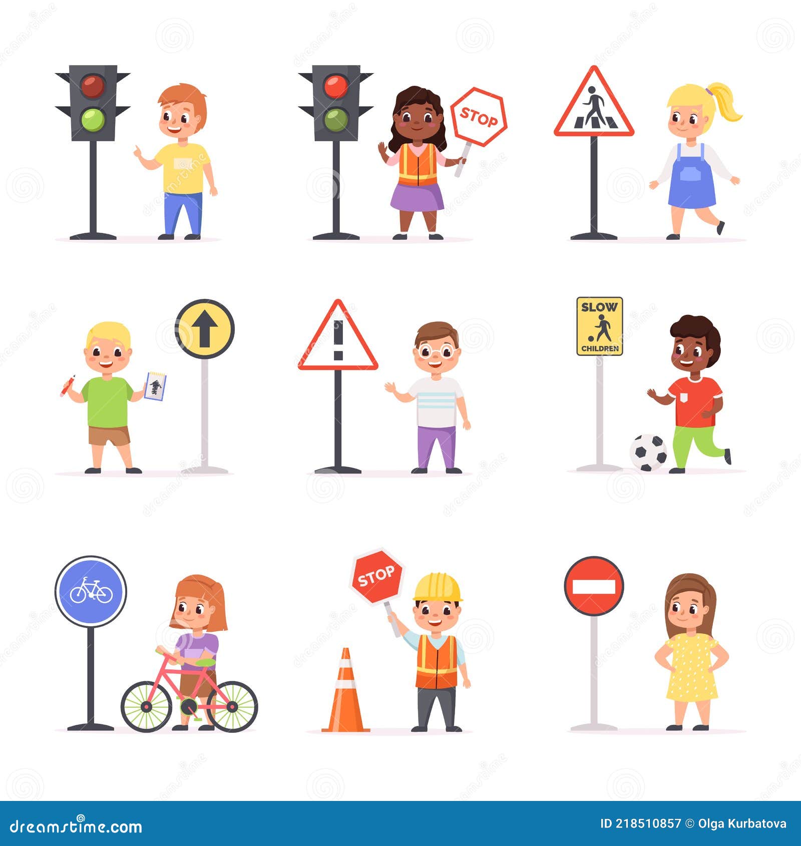 Set of Elements for Pedestrian Rules for Kids, Little Girls