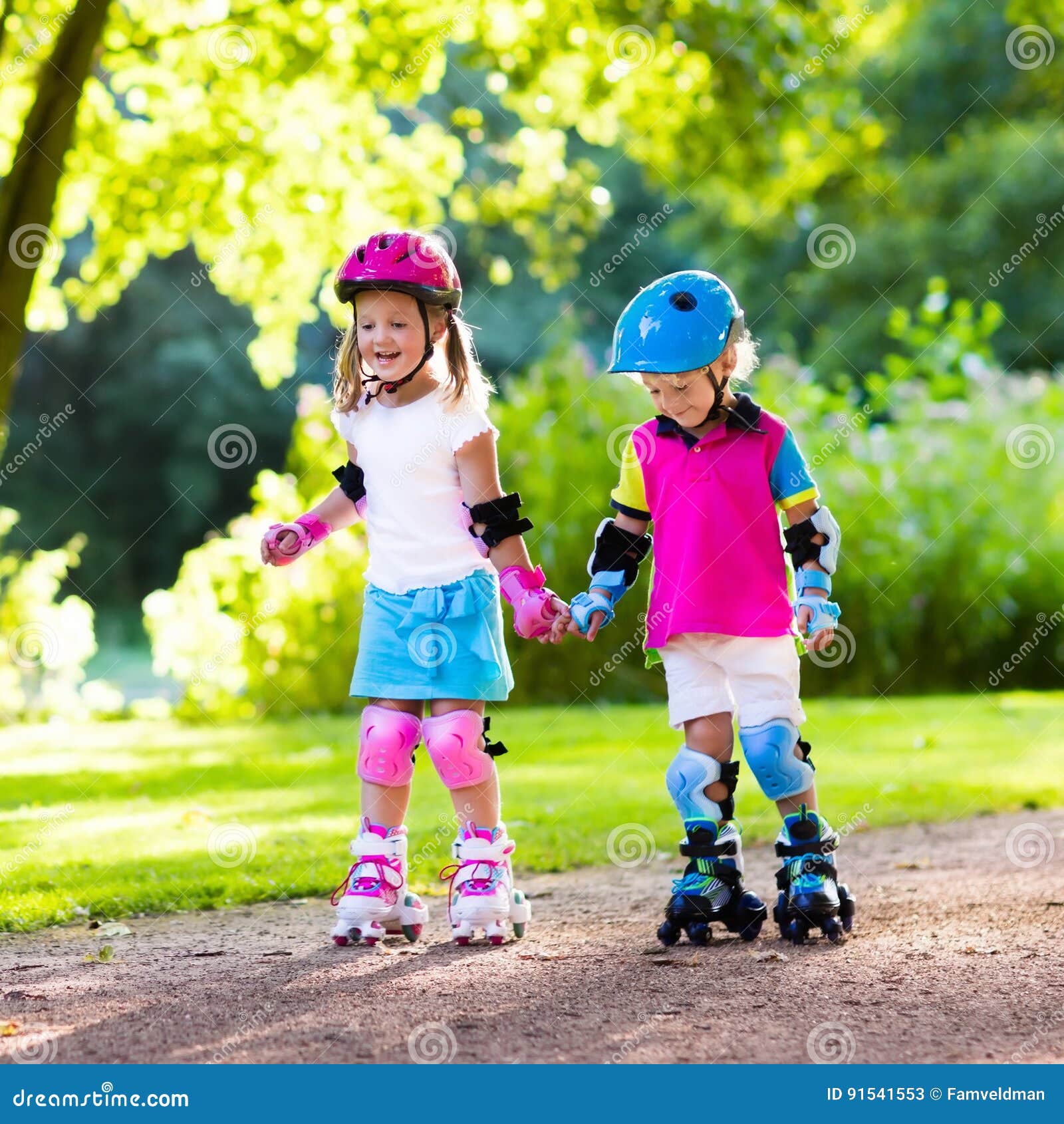 Kids Roller Skating In Summer Park Stock Image Image of
