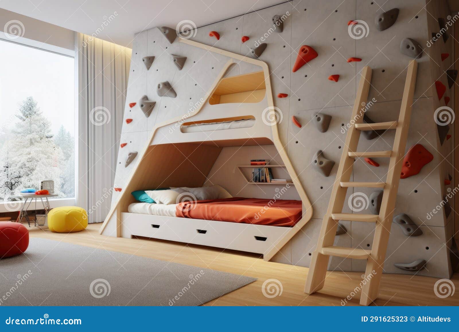 A Kids Room with a Climbing Wall Integrated into a Bunk Bed Structure