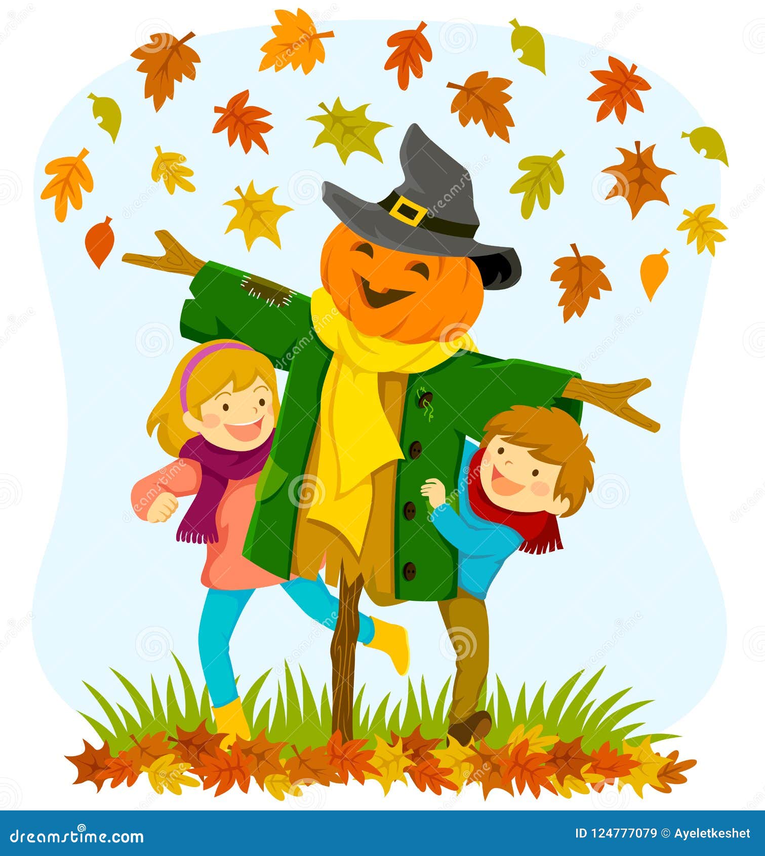 Kids and a Scarecrow in Autumn Stock Vector - Illustration of happiness ...