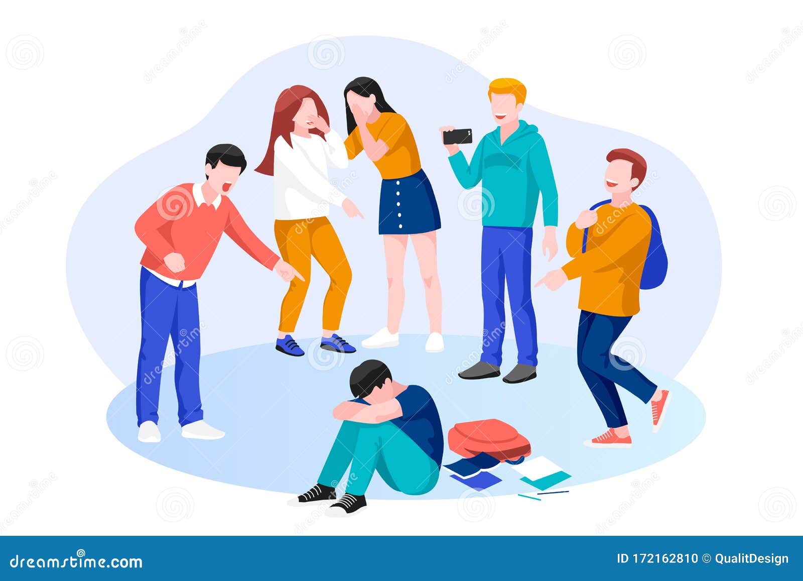 kids school bullying and abuse concept.  . group of children bullies mocks sad boy