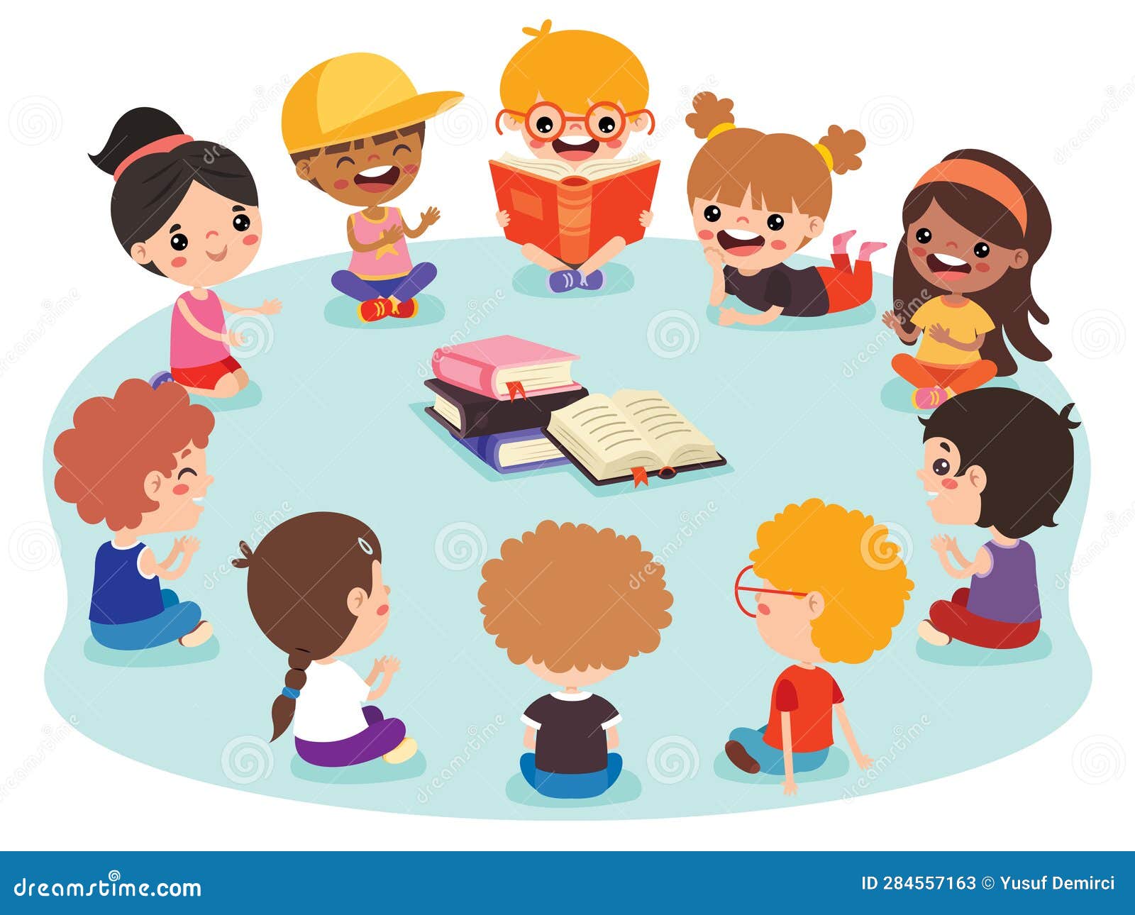 Kids Sitting in Circle and Reading Book Stock Illustration ...