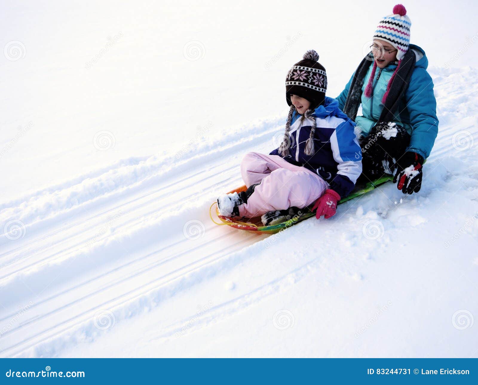 Kids Sledding Down Snow Hill on Sled Fast Speed Stock Image Image of