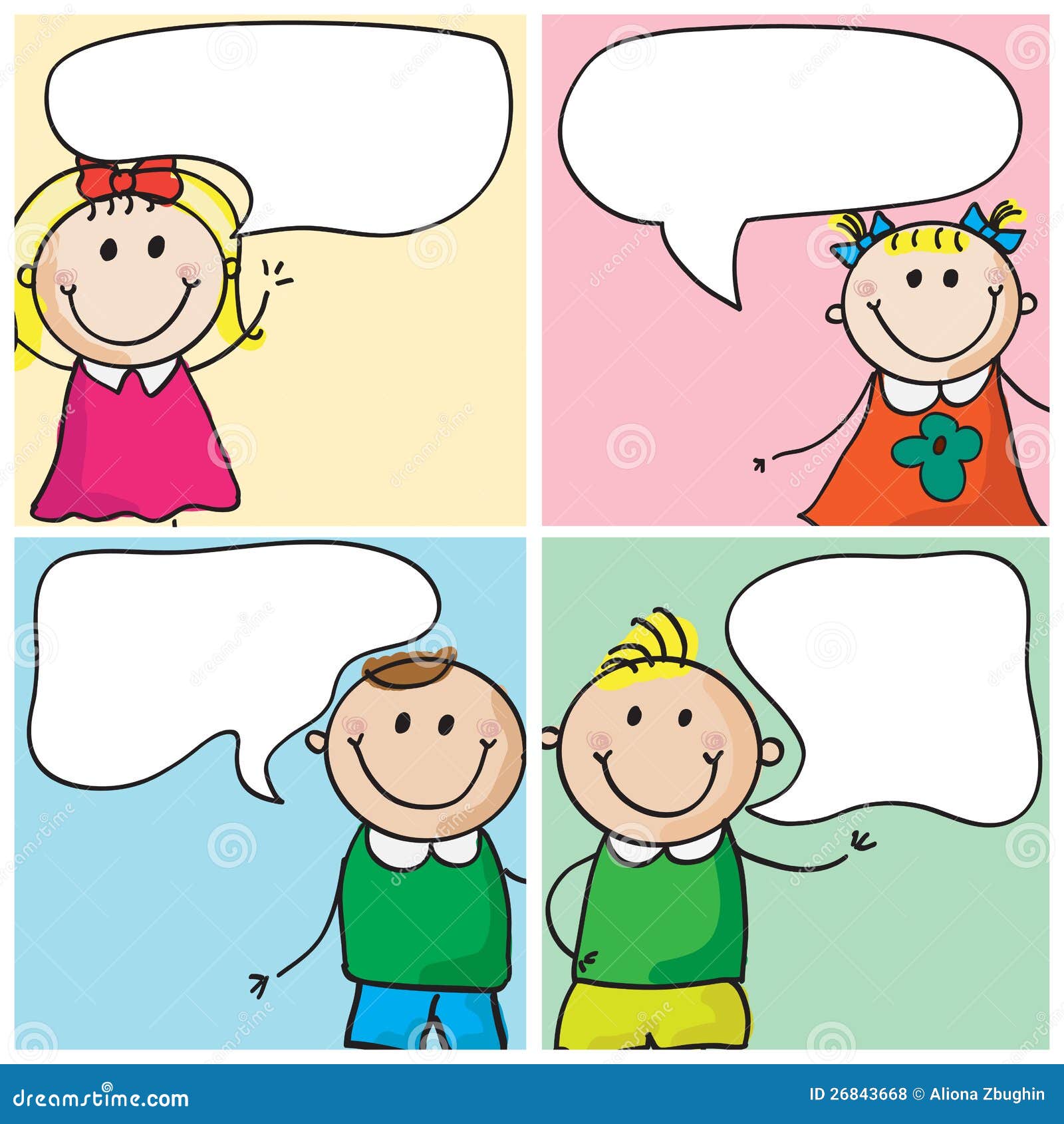 Happy doodle kids in a row with speech bubbles