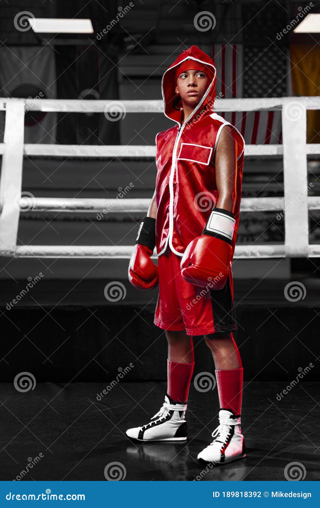 female boxer inside thai boxing ring. angree emotions Stock Photo by  licsiren