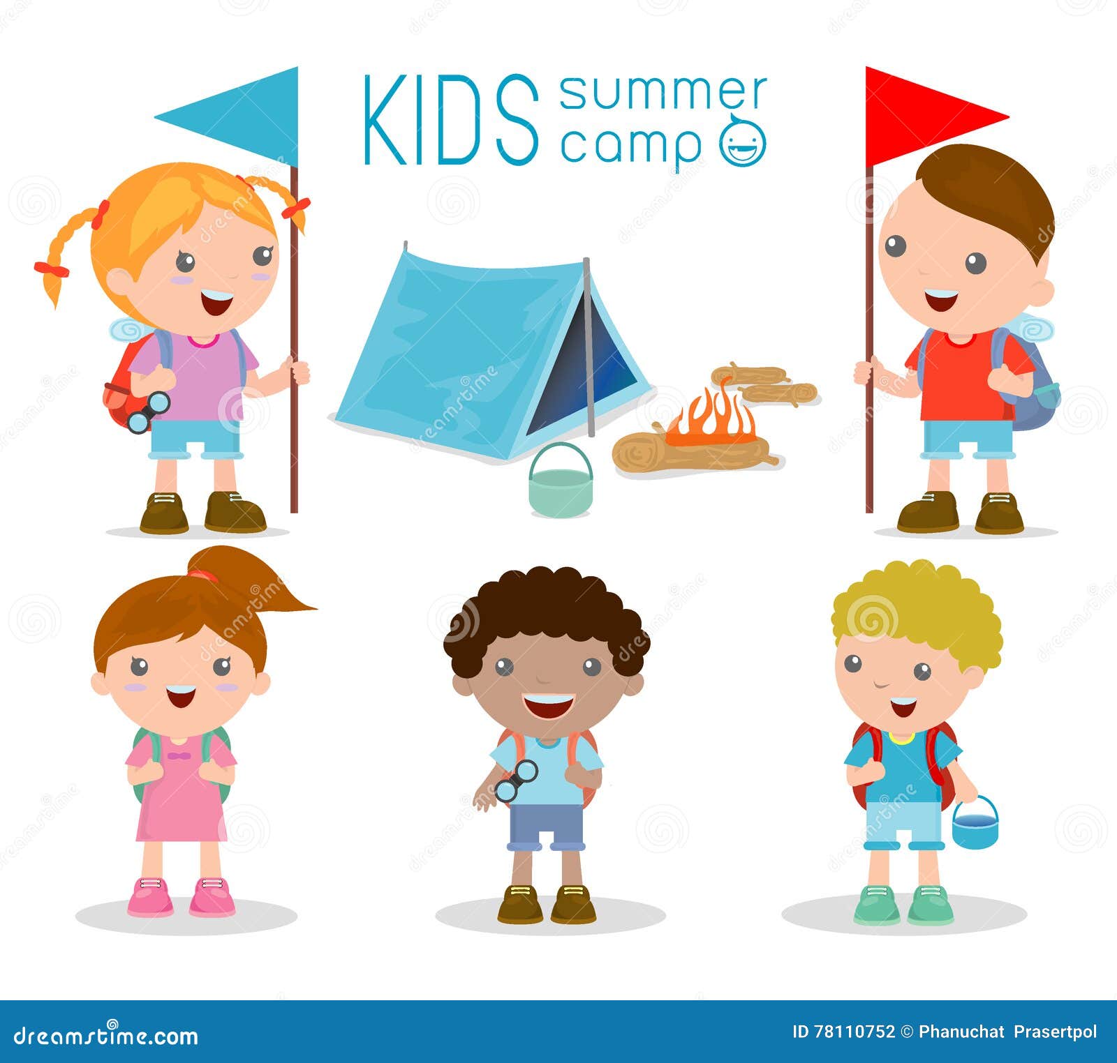 Kids Summer Camp, Kids On A Camping Trip. Stock Vector ...