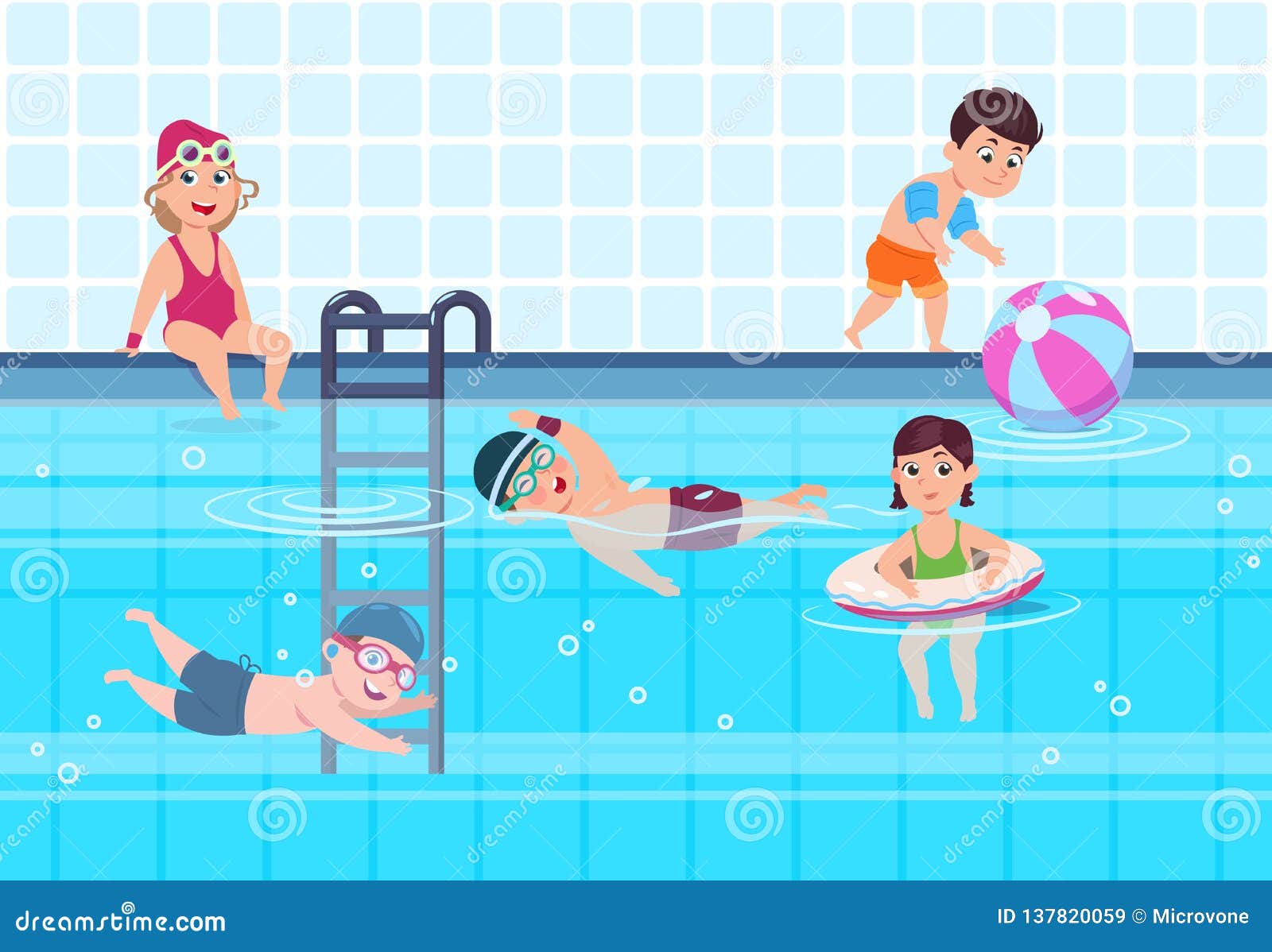 Kids in Swimming Pool. Boys and Girls in Swimwear Play and Swim in ...