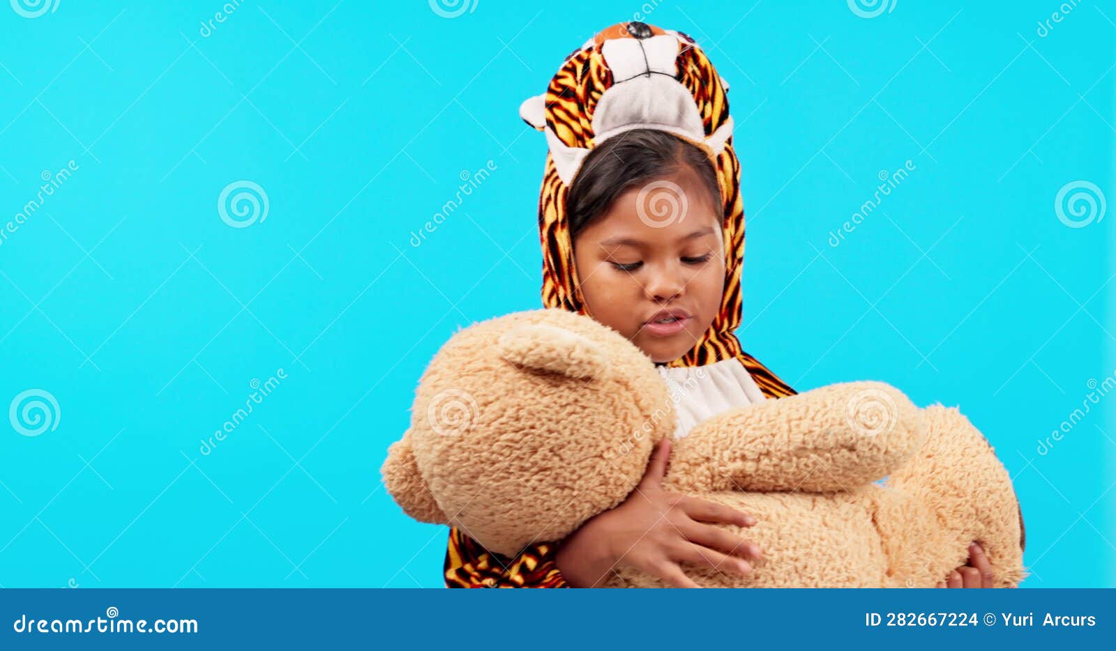 Kids, Teddy Bear and Pajamas with a Girl at Bedtime on a Blue ...
