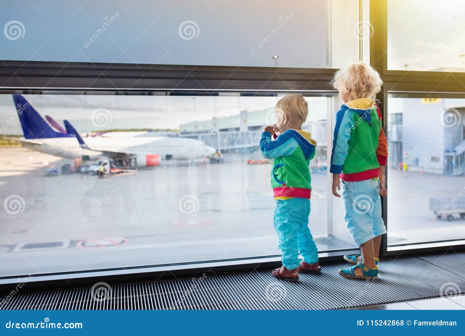 Kids Travel and Fly. Child at Airplane in Airport Stock Photo - Image ...