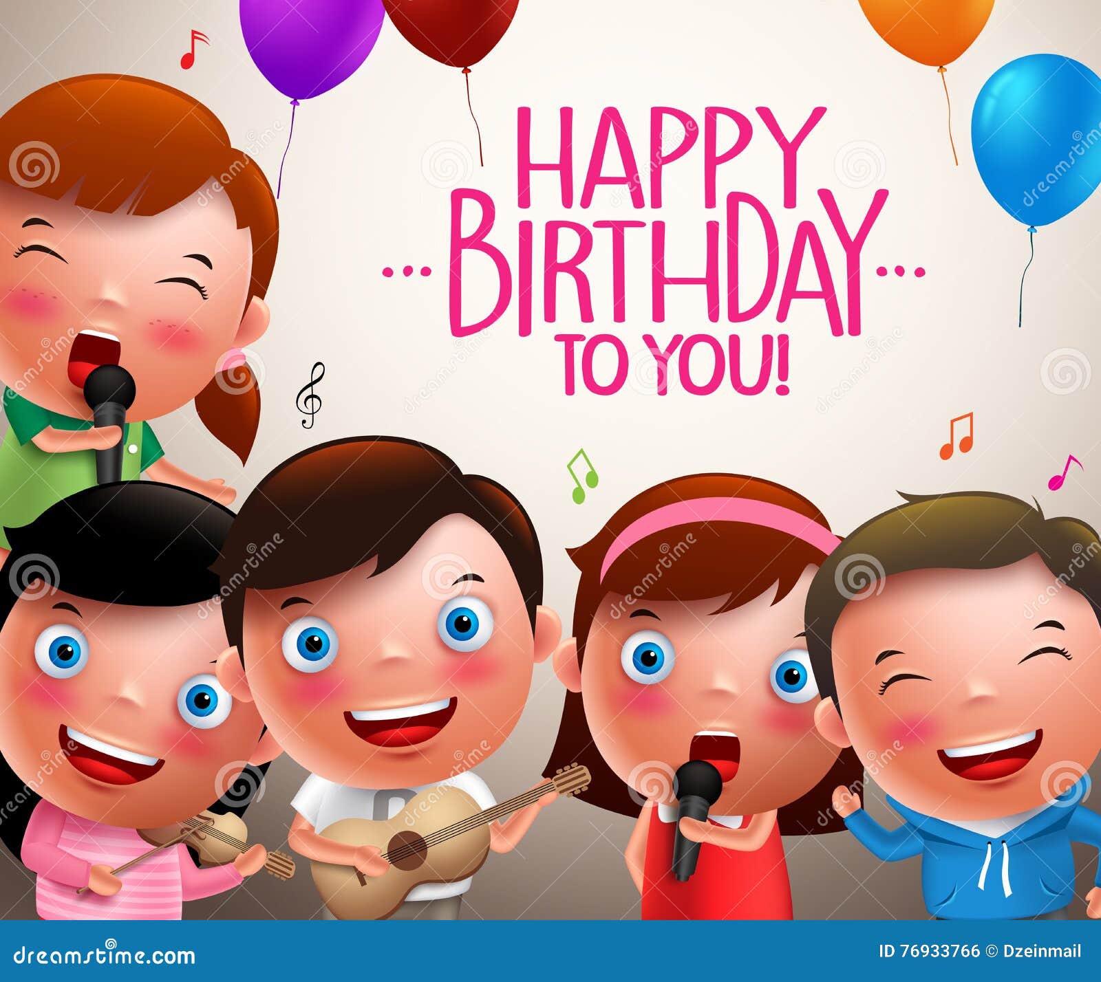 Kids Vector Characters Singing Happy Birthday and Happy Playing Musical