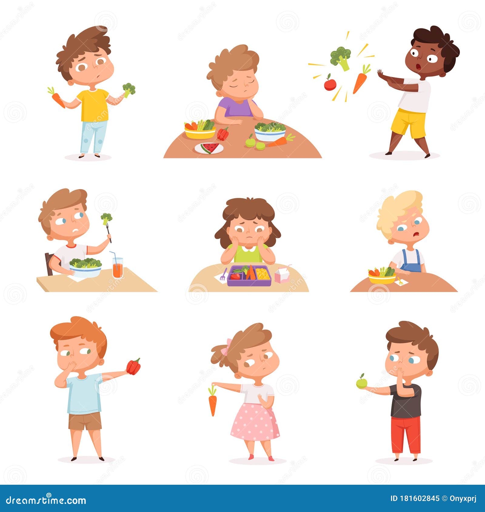 Kids and Vegetables. Little Hungry Children Eating Fast Food Dont Like