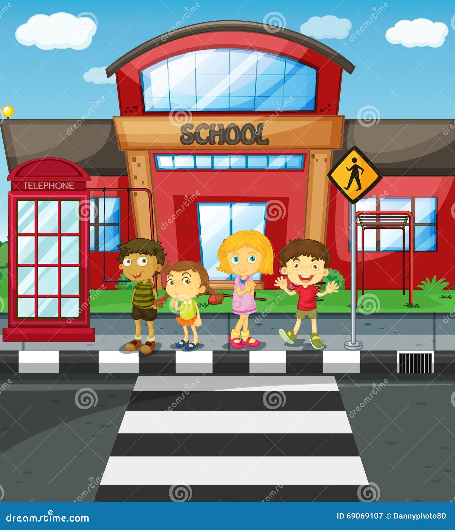 kids waiting to cross road front school illustration 69069107