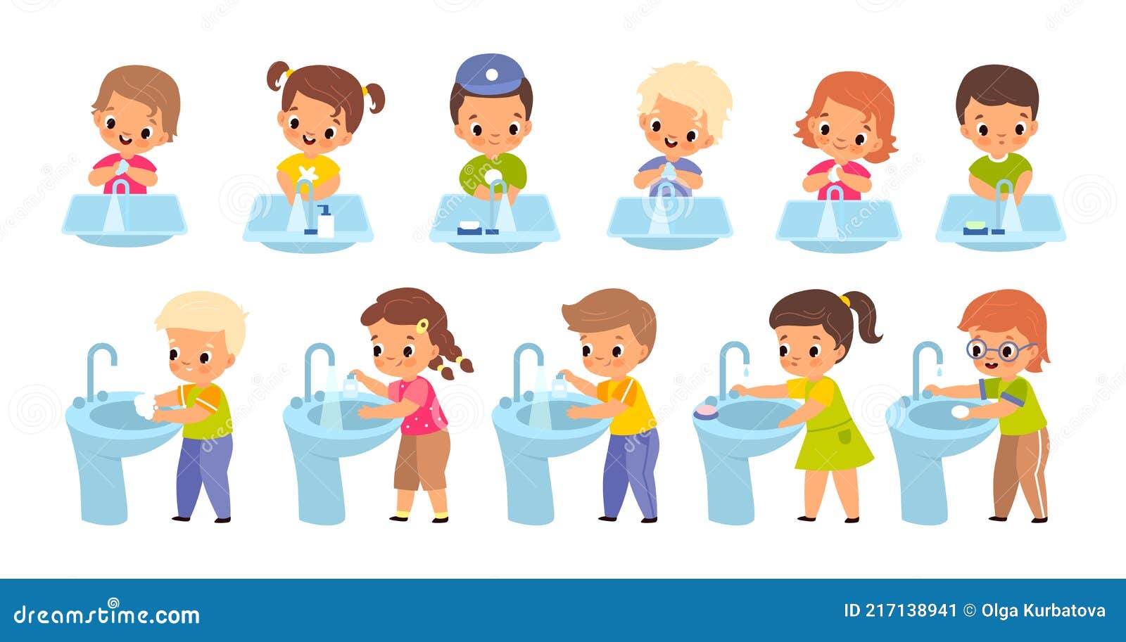 Kids Washing Face And Hand Vector Illustration | CartoonDealer.com