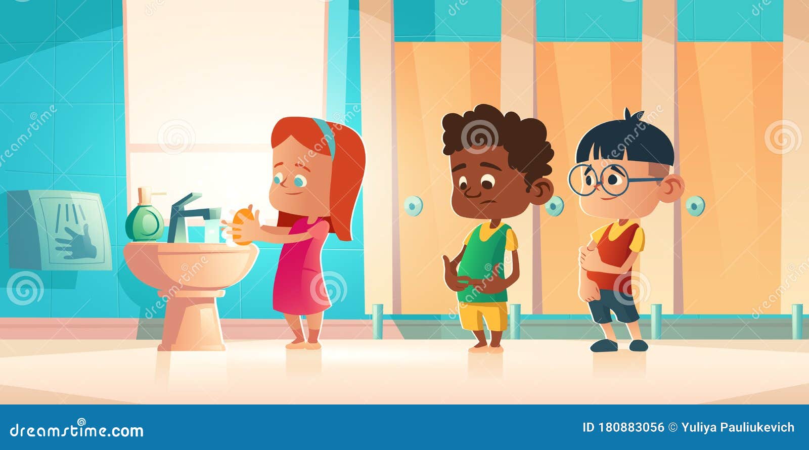 Kids Washing Face And Hand Vector Illustration | CartoonDealer.com