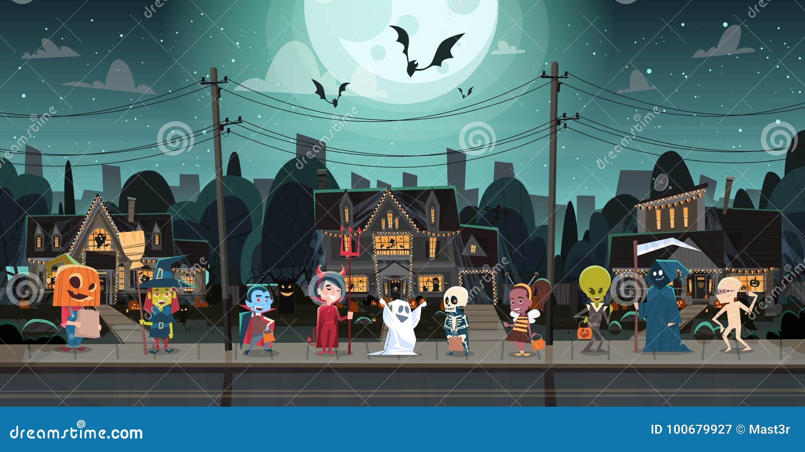 kids wearing monsters costumes walking in town tricks or treat happy halloween banner holiday concept