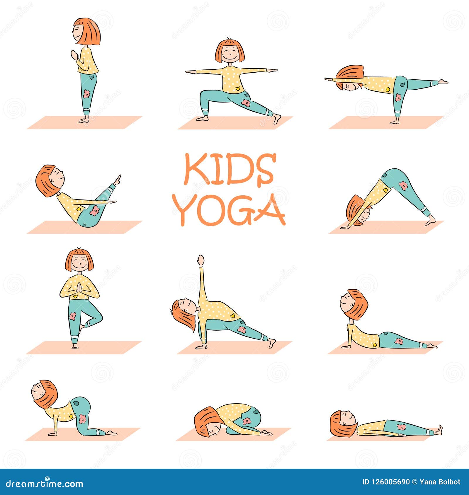 Kids Yoga Set with Cute Cartoon Girl Stock Vector - Illustration