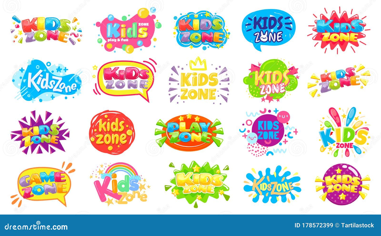 kids zone badges. kid play room label, colorful game area banner and funny badge  set