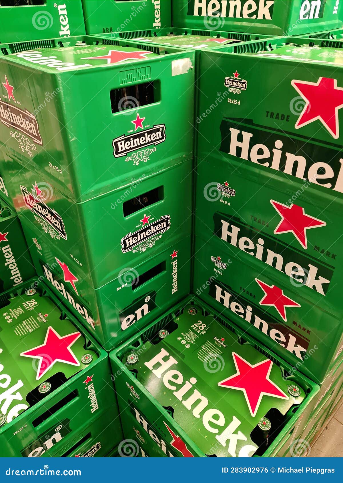 Kiel, Germany 13. July 2023 a Stack of Heineken Beer Crates in a