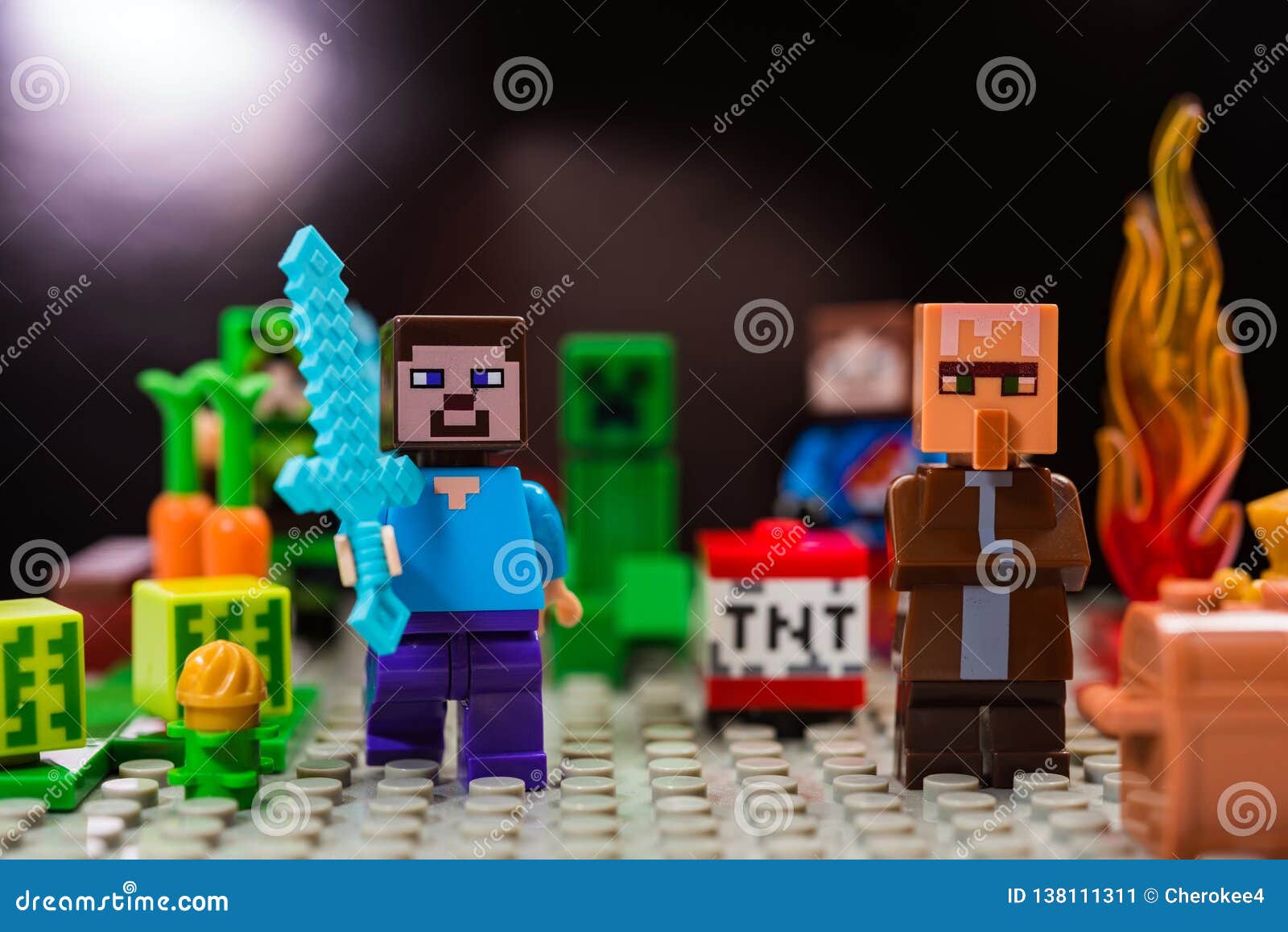 Minifigure Steve With Diamond Sword And Villager Run Away From The Creeper Characters Of The Game Minecraft Editorial Photo Image Of Editorial Villager