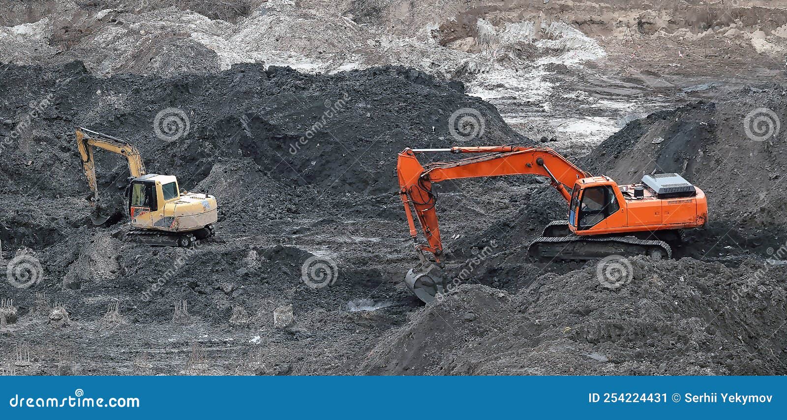 Tractors and Excavators Work on the Construction of the Foundation Zero Cycle Editorial Photo