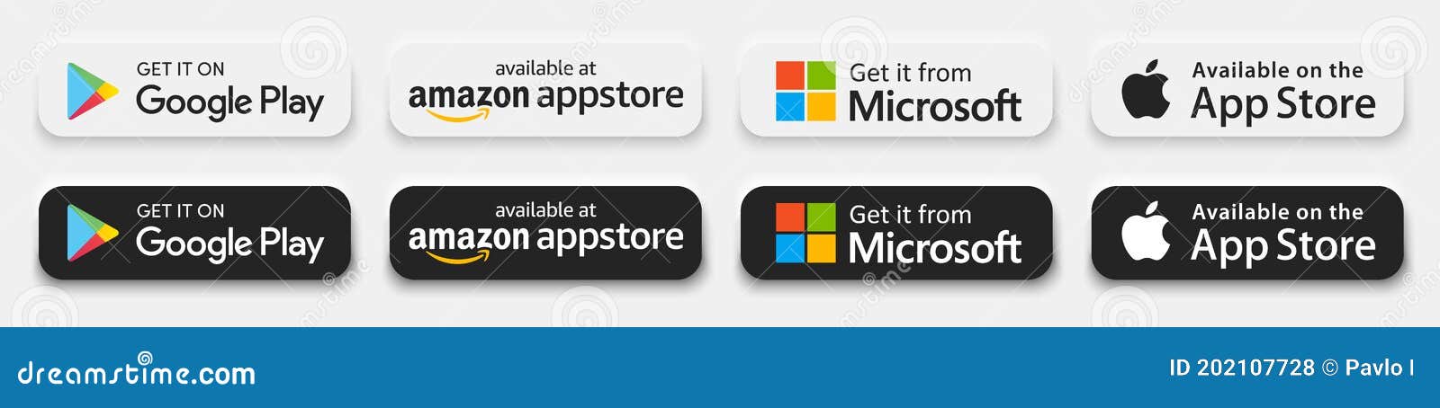 Vetor do Stock: App store and Google play buttons. Microsoft store. Mobile  app download button for Google android and Apple iphone devices. Editorial  vector. Rivne, Ukraine - November 14, 2020.