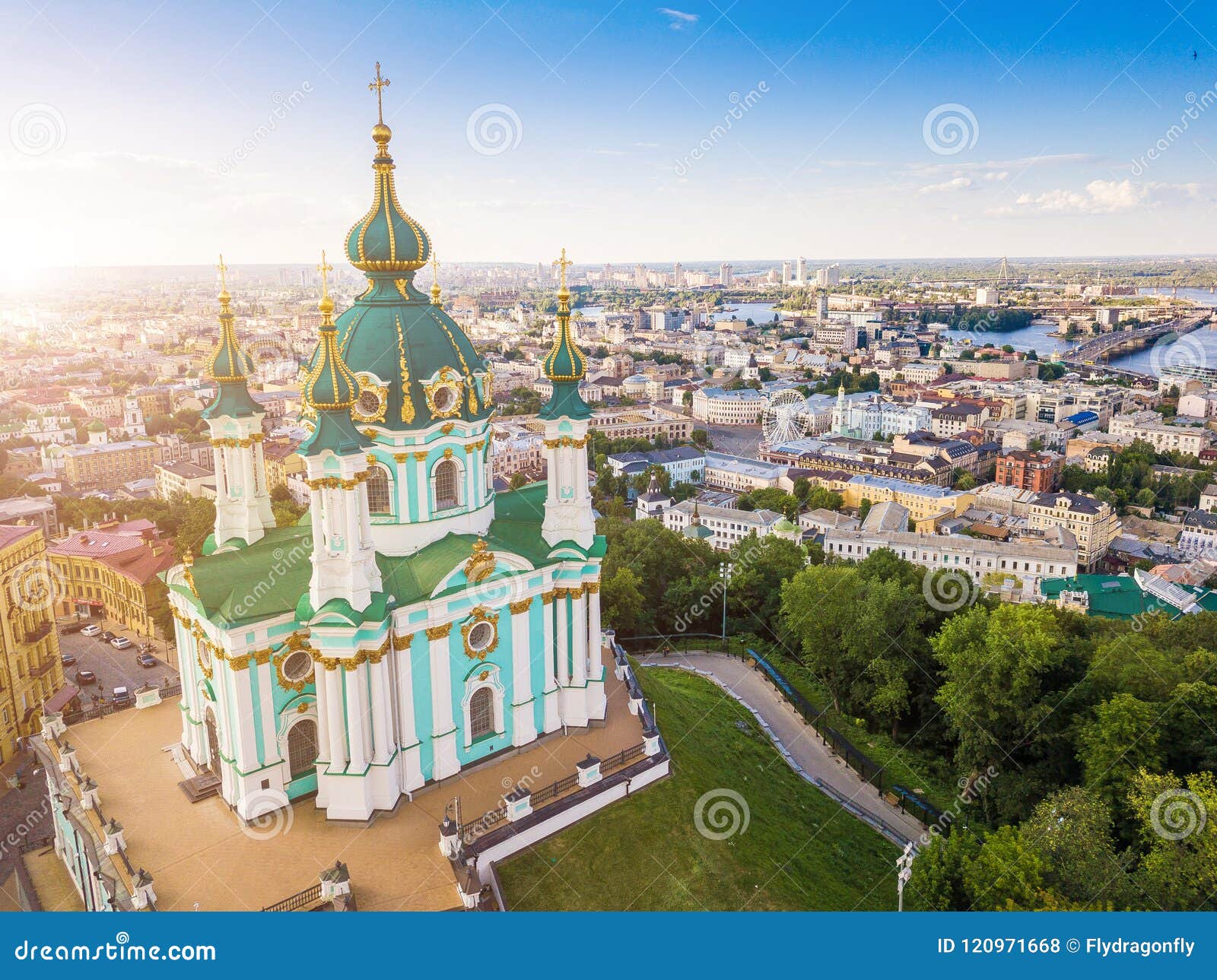 kiev ukraine st andrew`s church . view from above. aerial photo. kiev attractions.