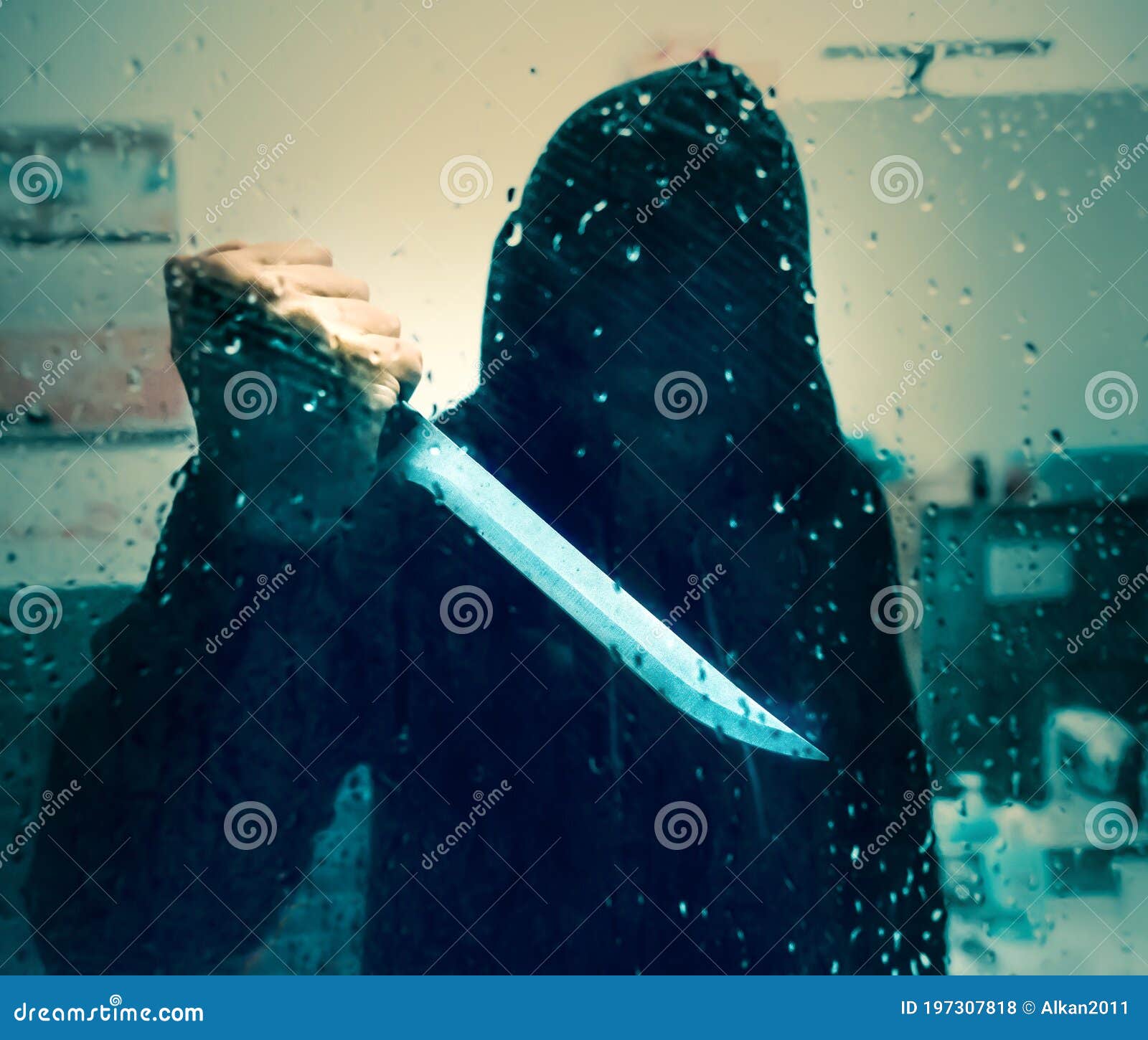 Killer with Knife Seen through a Shower Glass Stock Photo Image of