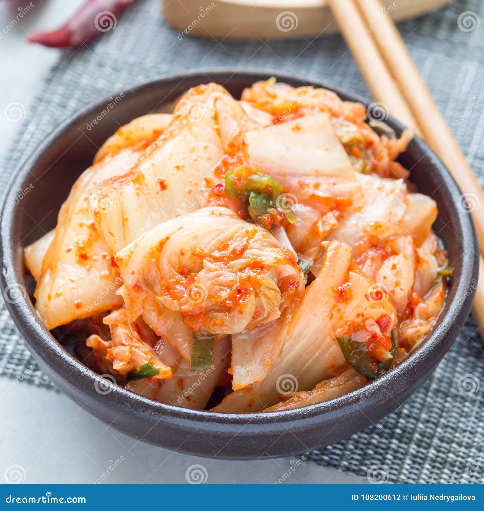 Kimchi Cabbage. Korean Appetizer in a Ceramic Bowl, Square Stock Photo