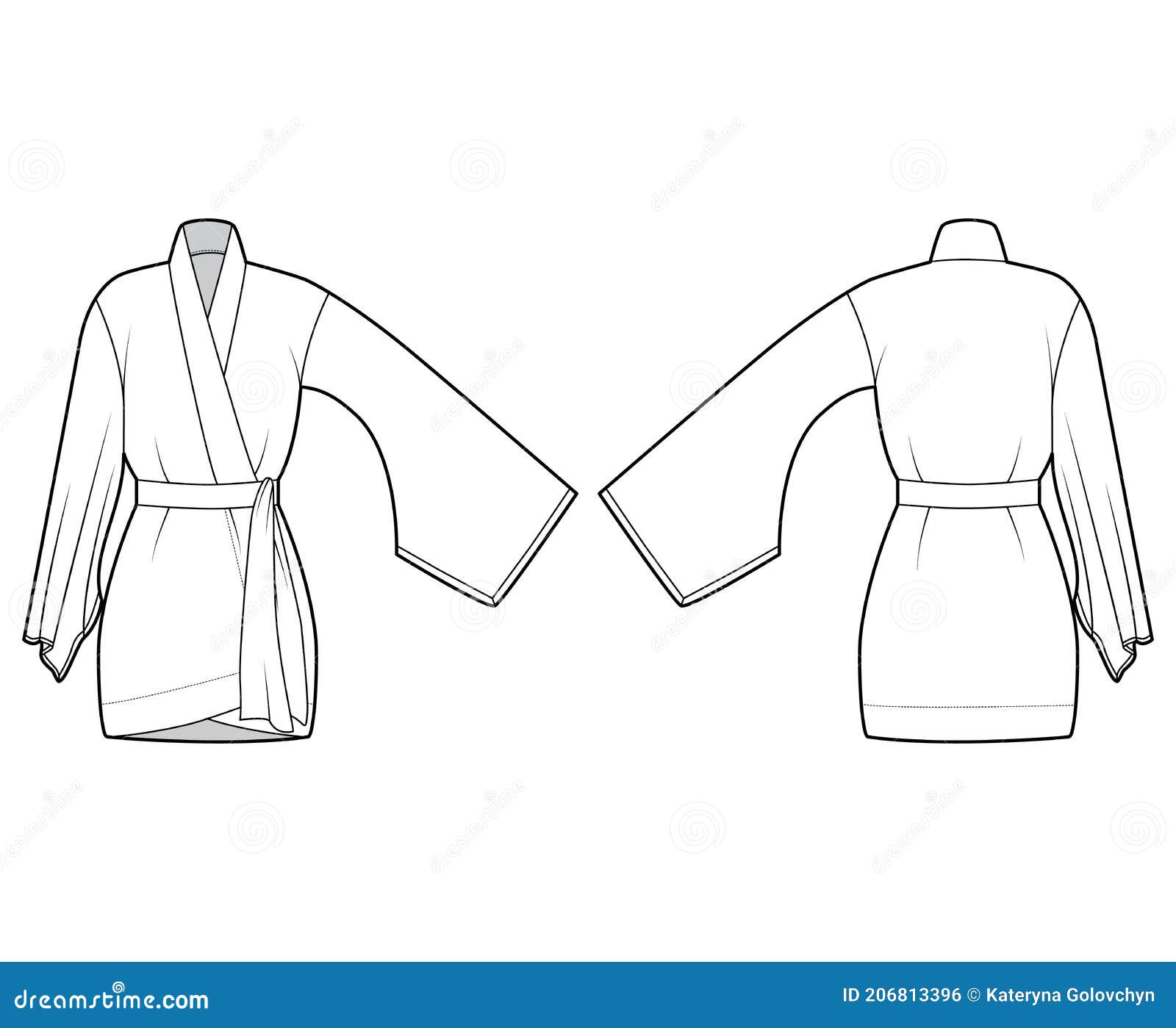 kimono robe technical fashion illustration long wide sleeves belt to cinch waist above knee length kimono robe 206813396