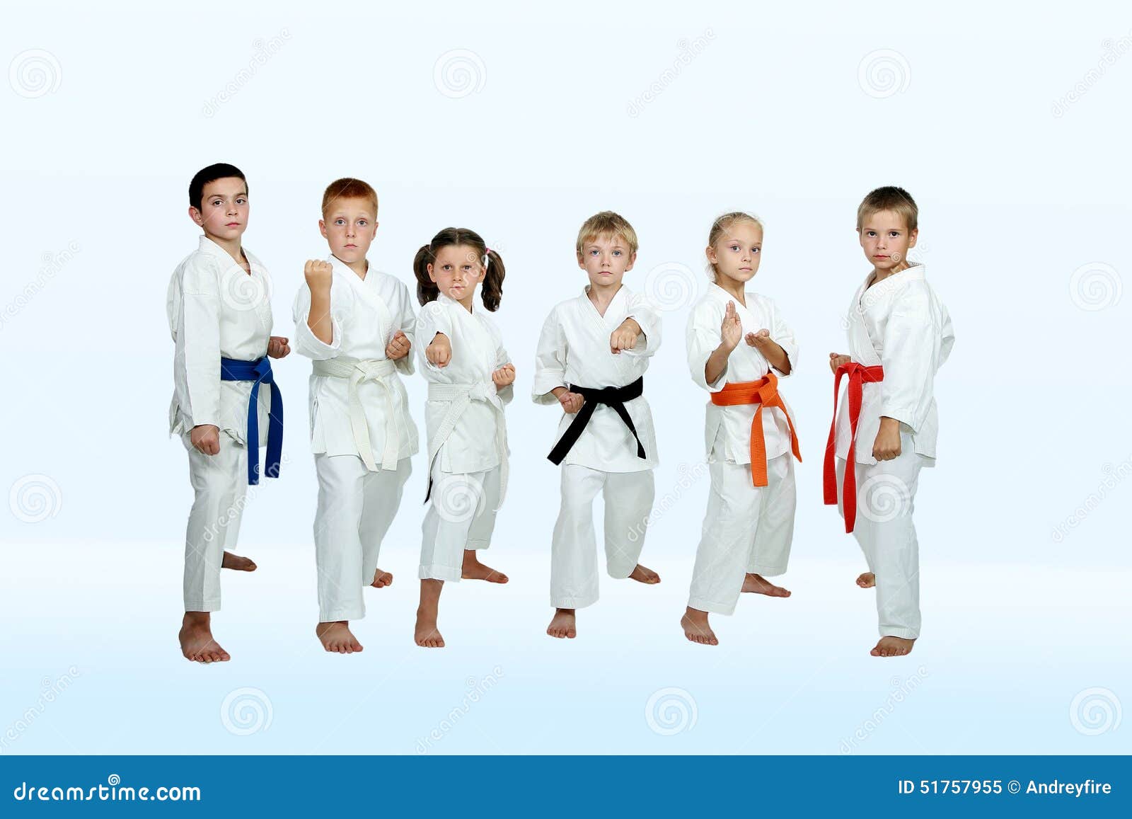 In Kimono Six Athletes Perform Karate Techniques Stock Image Image of
