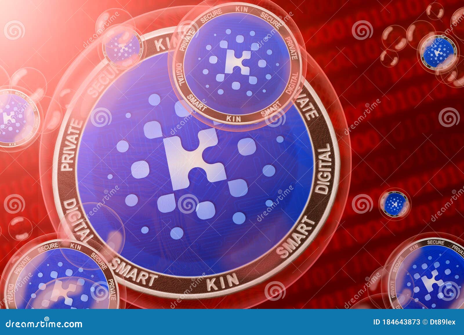 kin crash, bubble. kin cryptocurrency coins in a bubbles on the binary code background