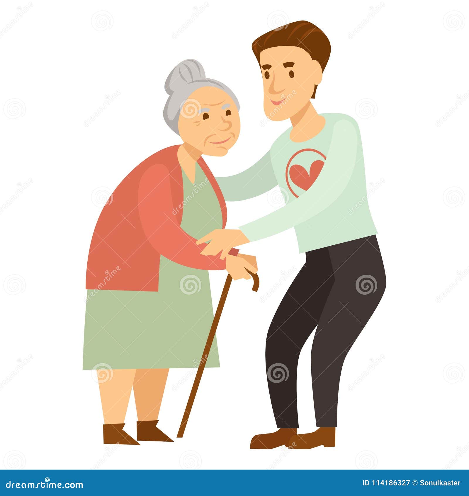 kind male volunteer helps old lady with cane