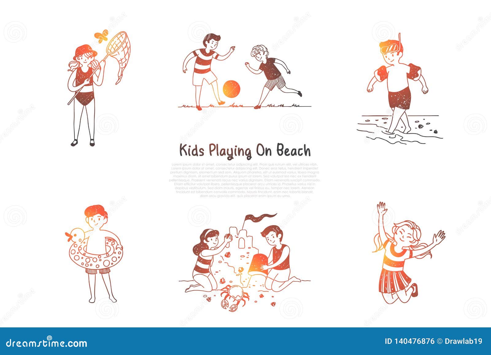 Kinder Die Auf Strand Kinder Machen Zahlen Vom Sand Fangende Schmetterlinge Spielen Vektor Abbildung Illustration Von Strand Kinder