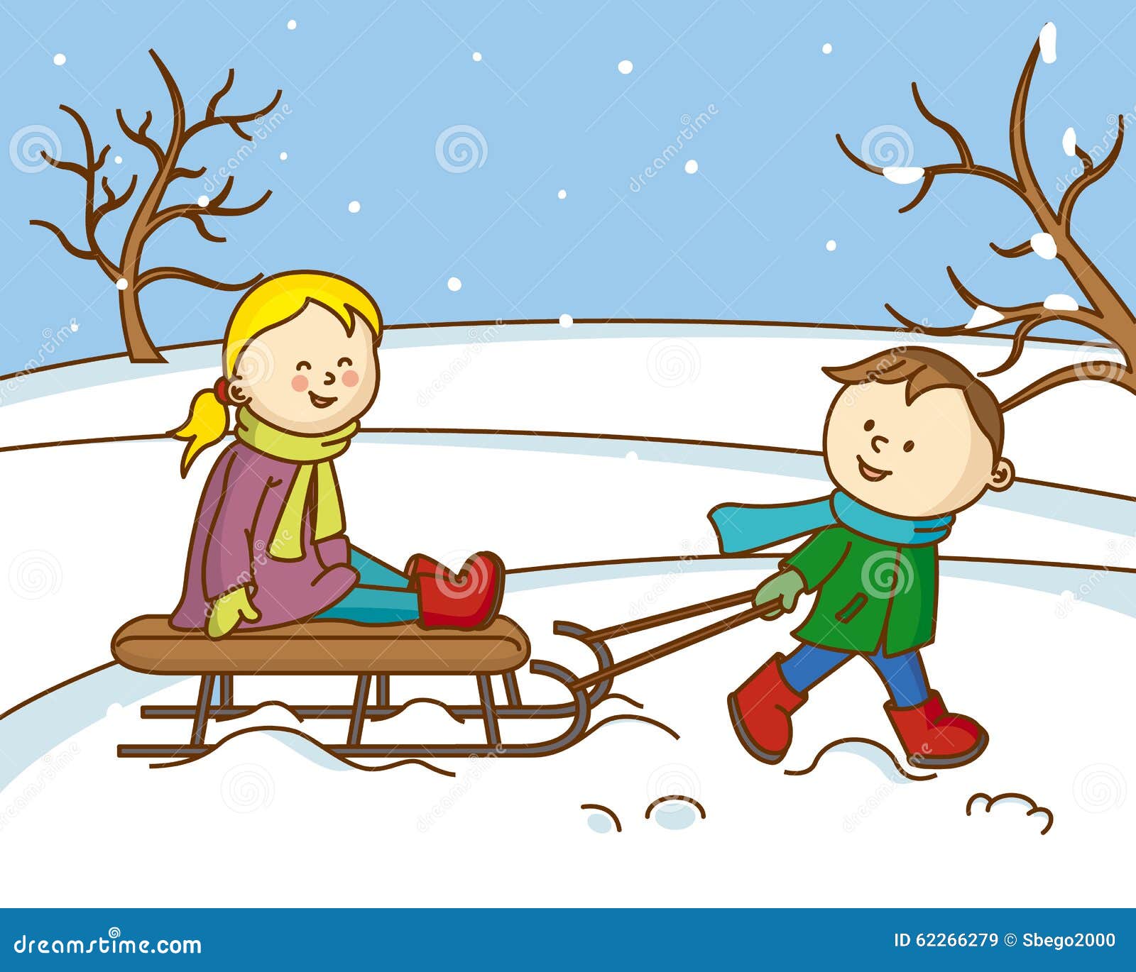 Kinder, Die Mit Einem Schlitten Im Schnee Spielen Vektor Abbildung