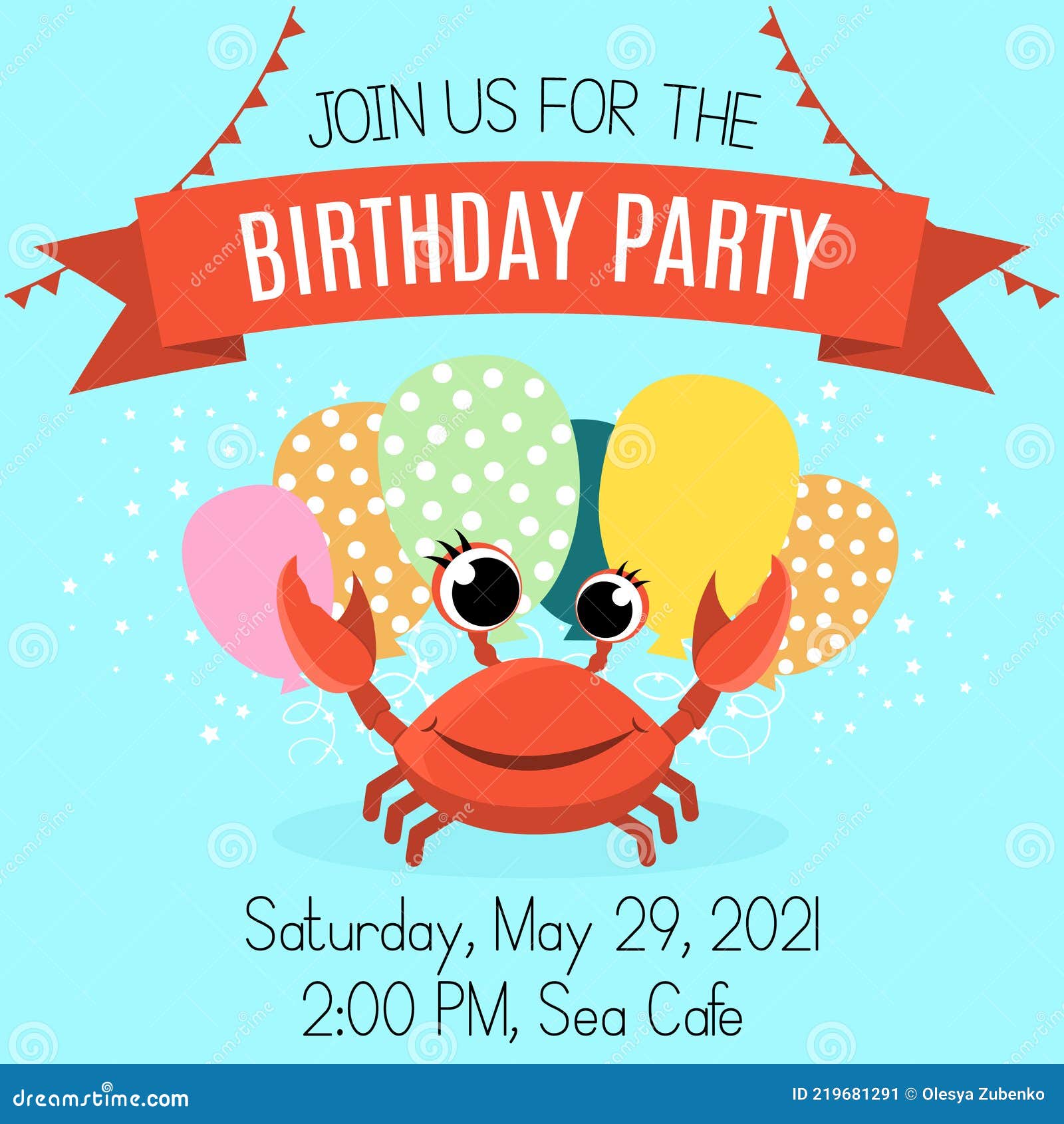 Kinder Geburtstag Einladung Mit Cartoon Krabbe. Postkarte Mit Luftballons  Auf Blauem Hintergrund. Vektor Abbildung - Illustration von fall, feiern:  219681291
