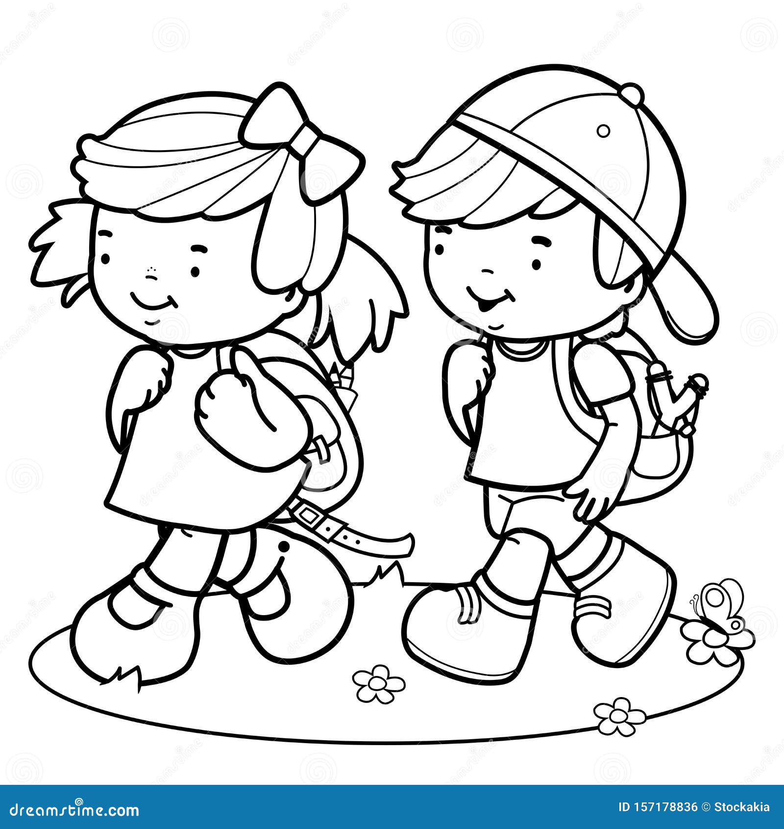 Kinder Gehen Zur Schule Schwarz Weiss Farbseite Vektor Abbildung Illustration Von Abbildung Vortraining 157178836