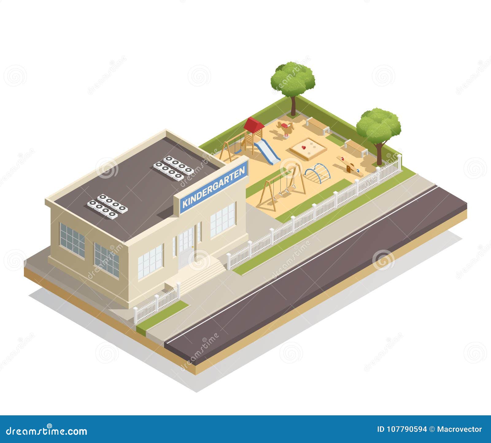Kindergarten With Playground Isometric Stock Vector Illustration