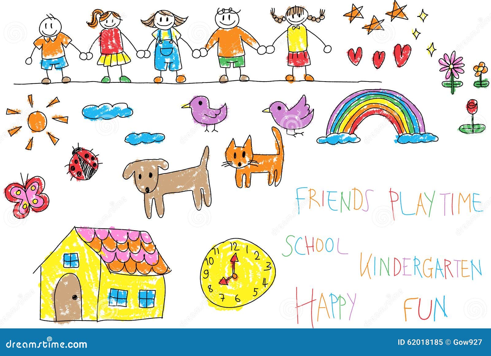 kindergarten children doodle pencil and crayon color drawing of