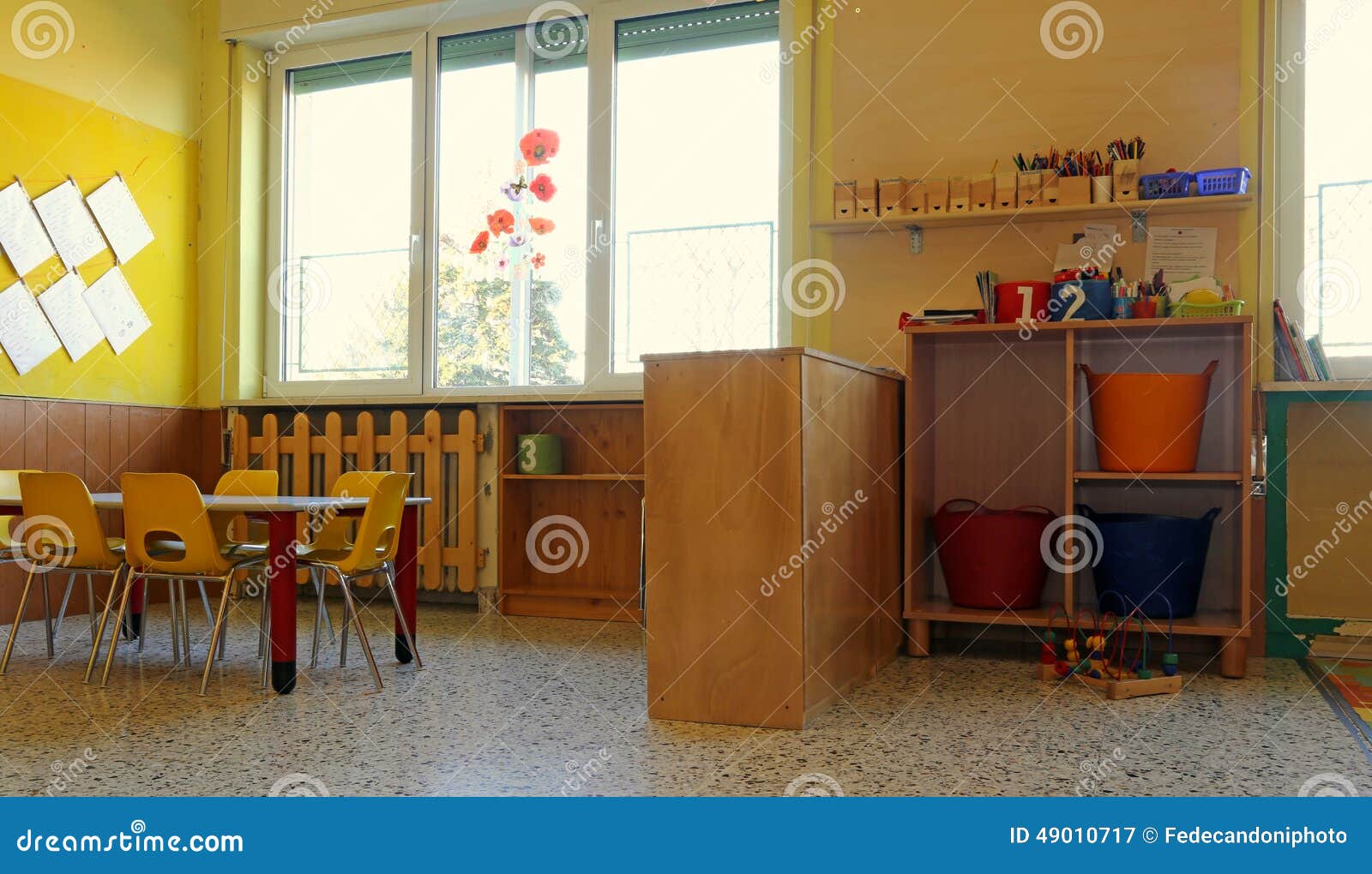 Kindergarten Classroom with Chairs and Tables Stock Image Image of