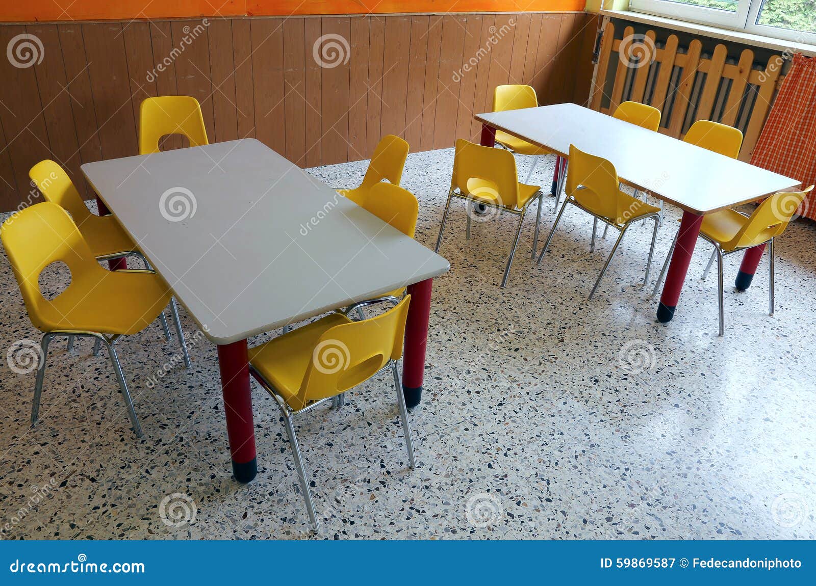 Kindergarten Classroom with Desks and Yellow Chairs Stock Image Image