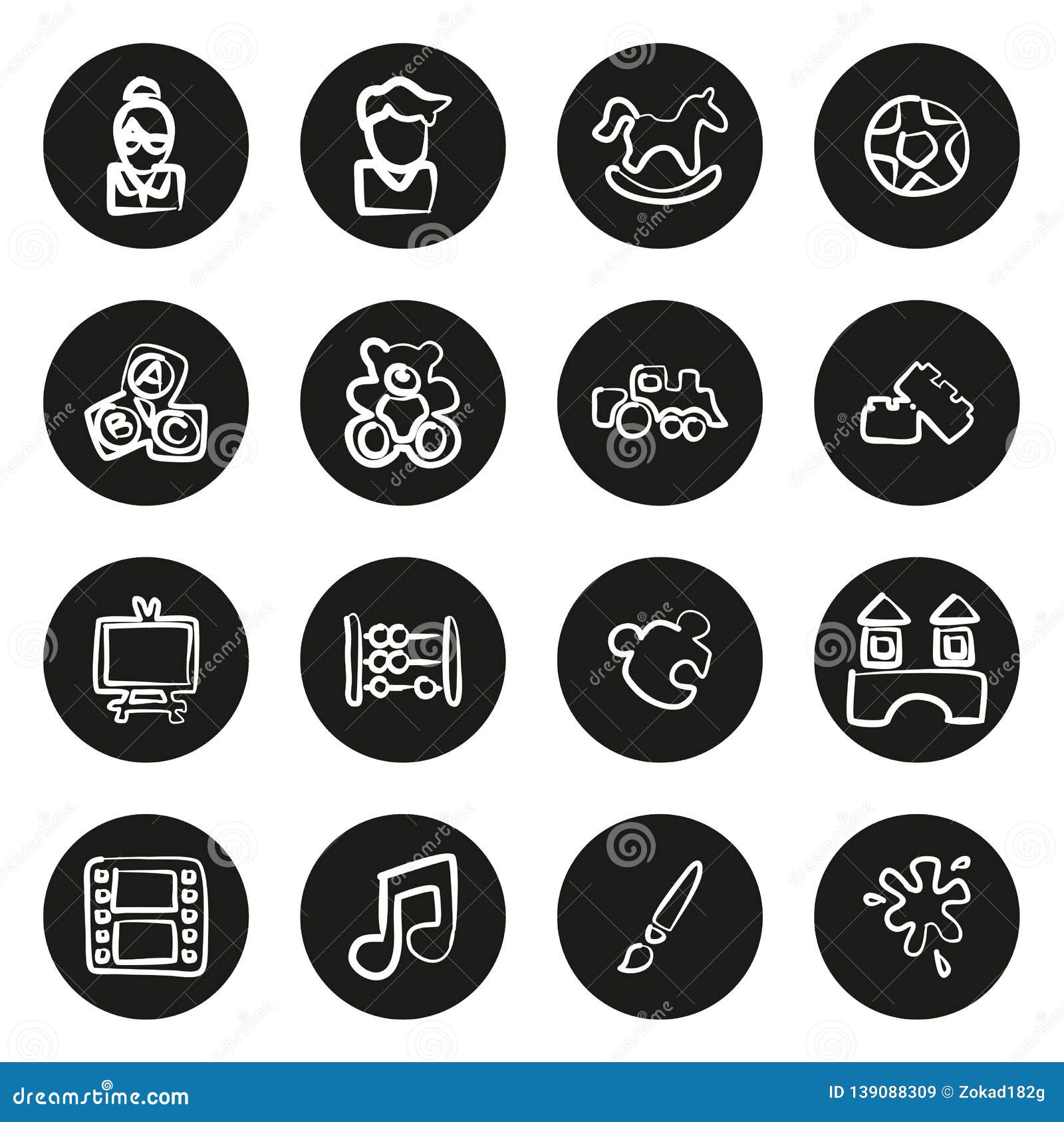 Kindergarten or Day Care Icons Freehand White on Black Circle Stock ...